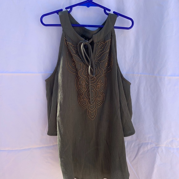 Olive green shirt; open shoulder; size x-small - Picture 2 of 4